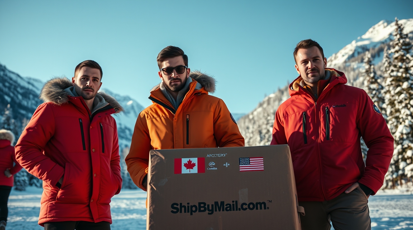 Models showcasing premium Canadian winter jackets in a snowy landscape with a parcel displaying a ShipByMail.com label, symbolizing shipping from Canada to USA.